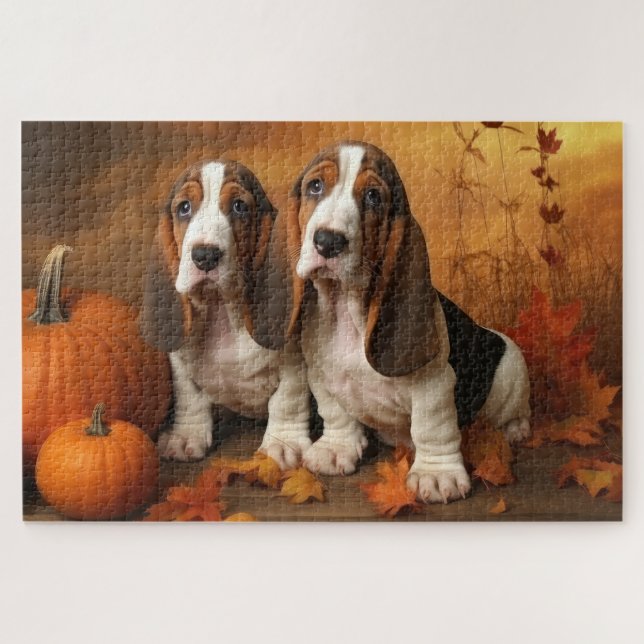 Puzzle Basset Hound Chiot Automne Citrouille de plaisir (Horizontal)