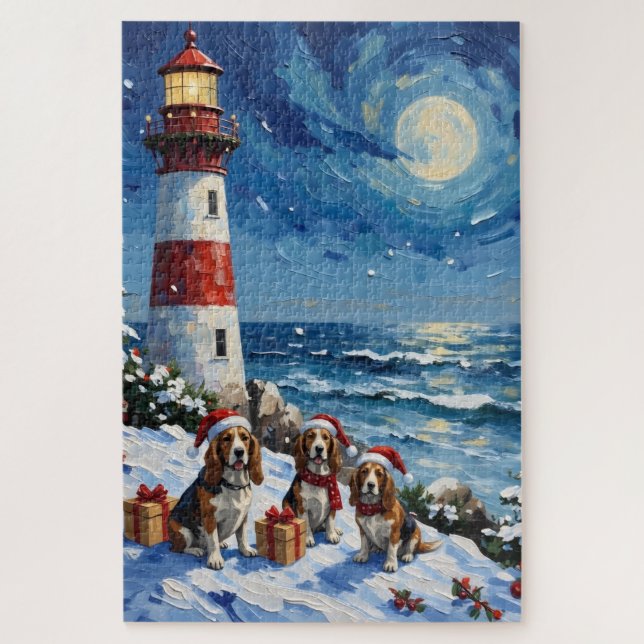 Puzzle Basset Hound Christmas Lighthouse Holiday (Vertical)