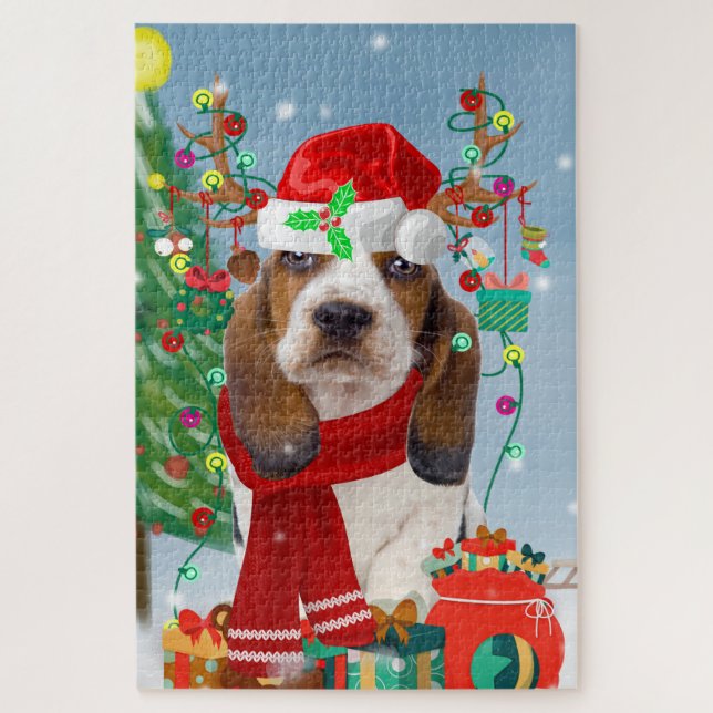 Puzzle Basset Hound Dog en neige avec cadeaux de Noël (Vertical)