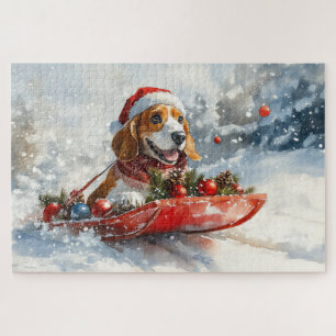 Puzzle Basset Hound Dog in Sledge Let it Neige Noël