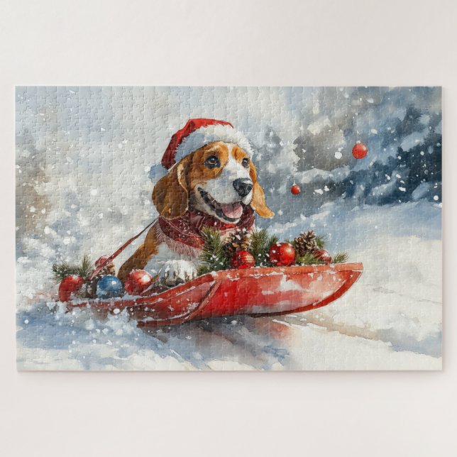 Puzzle Basset Hound Dog in Sledge Let it Neige Noël (Horizontal)