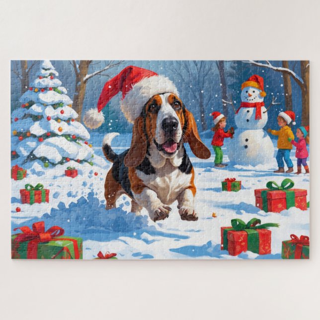 Puzzle Basset Hound Festive de Noël Scène de neige (Horizontal)