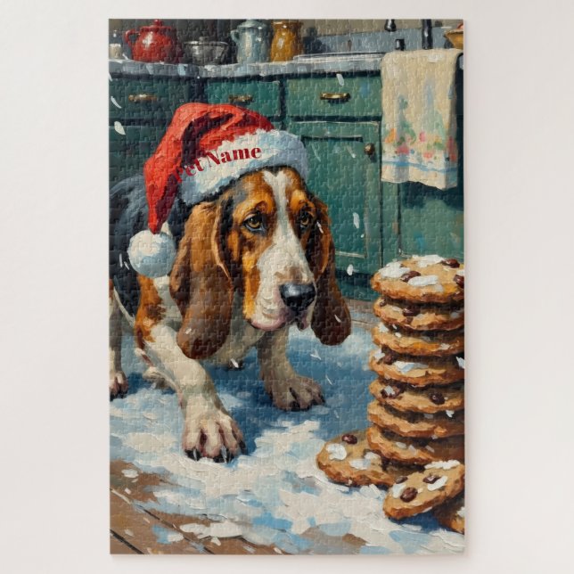 Puzzle Basset Hound Sniffing Christmas Cookie Trail Hat (Vertical)