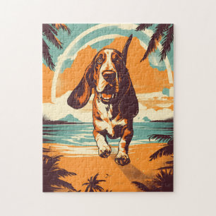 Puzzle Basset Hound sur une plage tropicale au coucher du