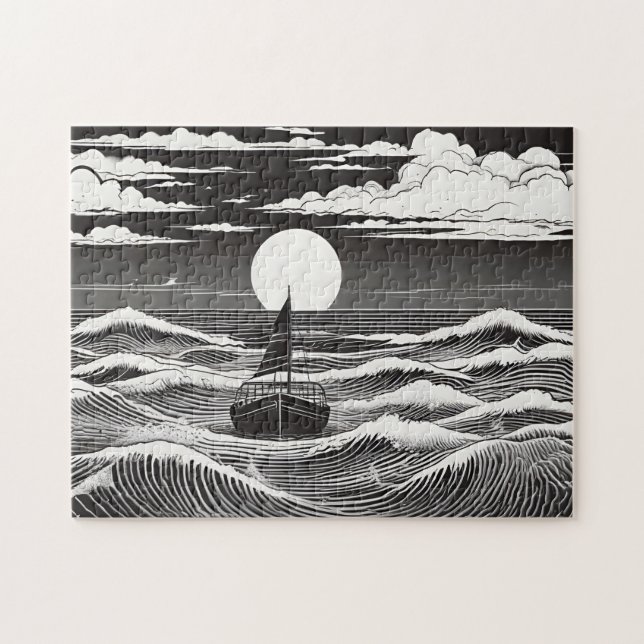 Puzzle Bateau à voile solitaire la nuit dans une mer temp (Horizontal)