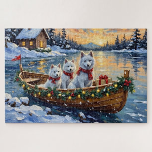 Puzzle Bateau de Noël de Samoyède blanc pour les fêtes