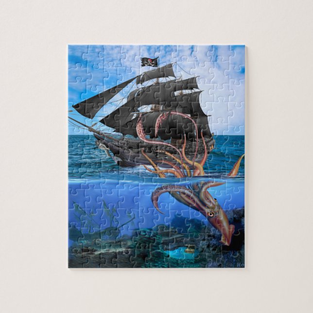 Puzzle Bateau de pirate contre le calmar géant (Vertical)