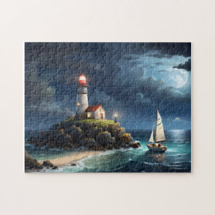 Puzzle Bateau de rangée vide de lune de phare