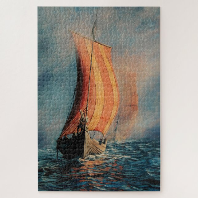 Puzzle Bateau Viking avec voiles sur la mer (Vertical)