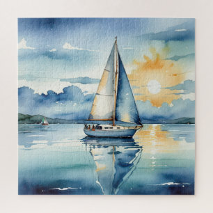 Puzzle Bateau Watercolor Sur Le Lac Au Coucher Du Soleil