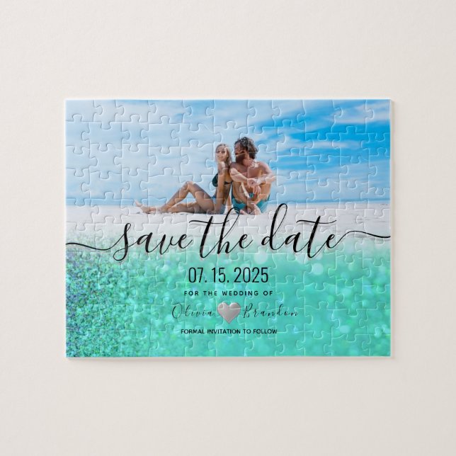 Puzzle Beach Photo Wedding Enregistrer La Date Invitation (Horizontal)