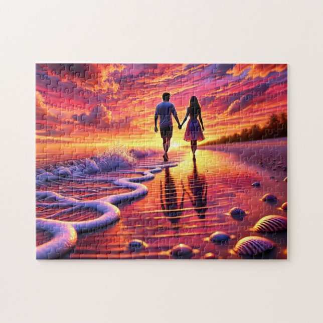 Puzzle Beachside Romance Couple Sunset Walk By the Sea (Horizontal)