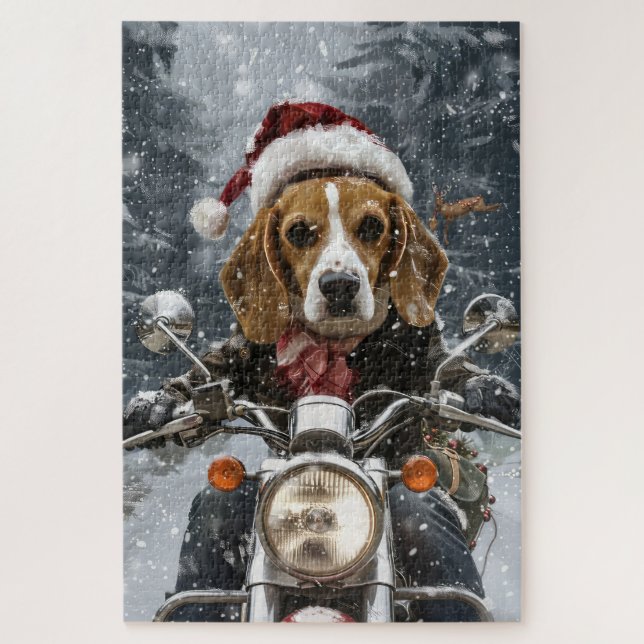 Puzzle Beagle Chien équitation moto Noël (Vertical)