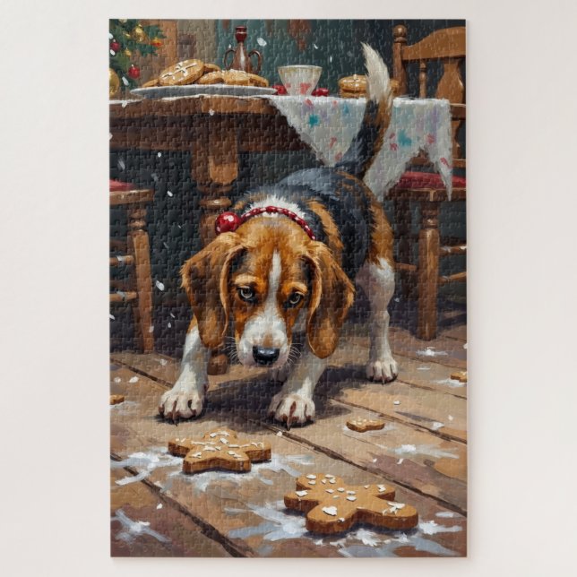 Puzzle Beagle Dog Tracking Gingerbread Christmas Fun Art (Vertical)