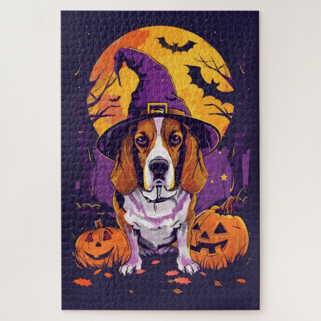 Puzzle Beagle éffrayant Halloween Witch Et Citrouille (Vertical)