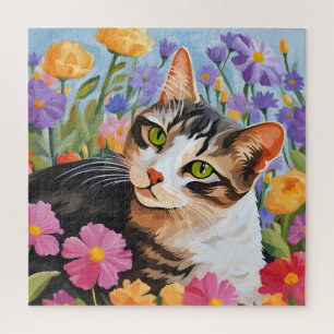Puzzle Beau chat avec fleurs