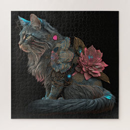 Puzzle Beau chat steampunk avec fleurs roses