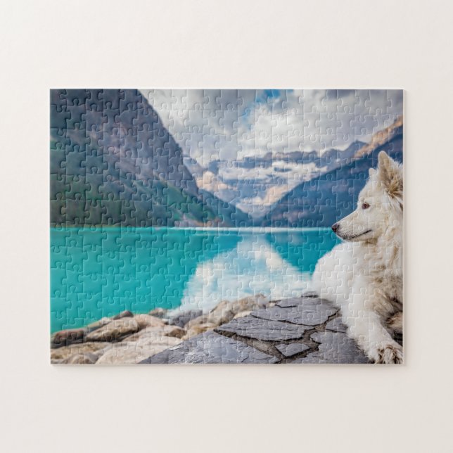 Puzzle Beau Chien blanc Lac Louise Canada Voyage (Horizontal)