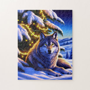 Puzzle Beau et majestueux loup par sapin de Noël