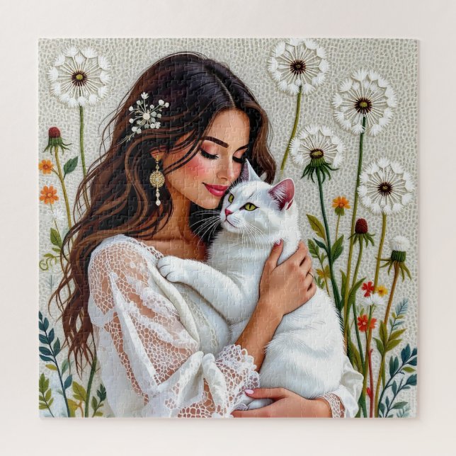 Puzzle Beautiful Woman, Cat and Dandelions (Vertical)