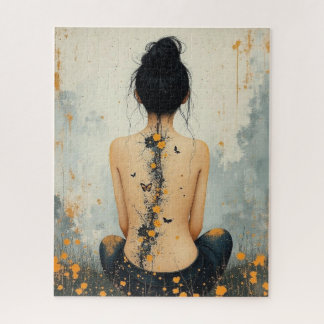 Puzzle Beautiful Woman, Ink, Wildflowers and Butterflies