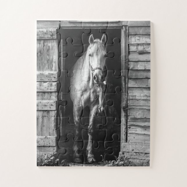 Puzzle Beaux chevaux Rustic Barn B&W surdimensionné (Vertical)