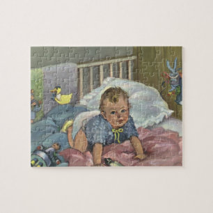 Puzzle Bébé mignon vintage jouant dans un berceau, heure