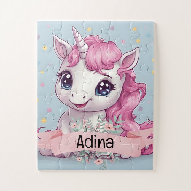 Puzzle Bébé rose magique Unicorn Stars Nom personnalisé (Vertical)