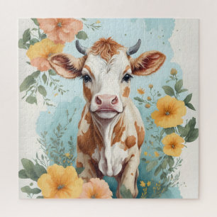 Puzzle Bébés mignons animaux Vache adorable Fleur de ve