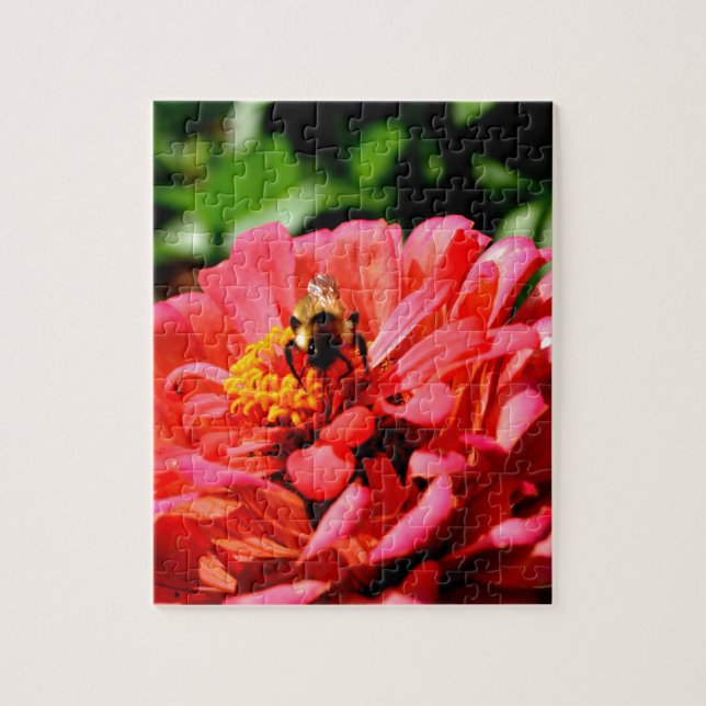 Puzzle Bee and coral zinnia (Vertical)