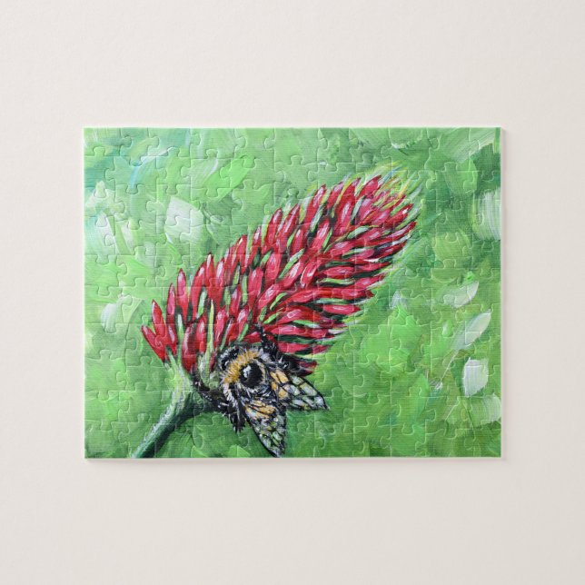 Puzzle Bee on Crimson Clover Painting (Horizontal)