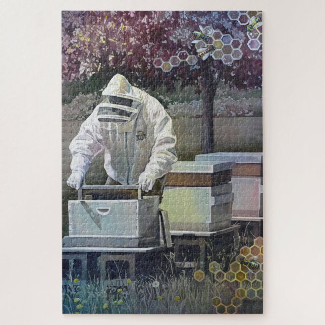 Puzzle Beekeeper Tending Honey Bee Boxes Aquarelle Art (Vertical)