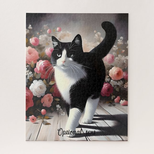 Puzzle Belle Chat et Fleurs Noir et Blanc (Vertical)