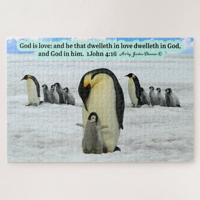 Puzzle Belle écriture de pingouin 1 Jean 4:16 (Horizontal)
