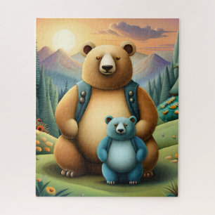 Puzzle Belle famille d'ours sur le paysage du coucher de 