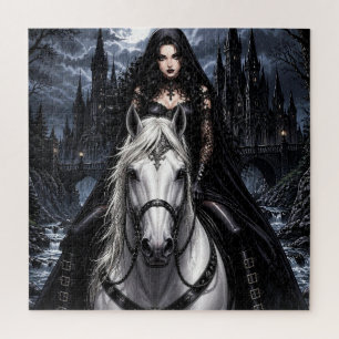 Puzzle Belle femme gothique sur un cheval blanc 