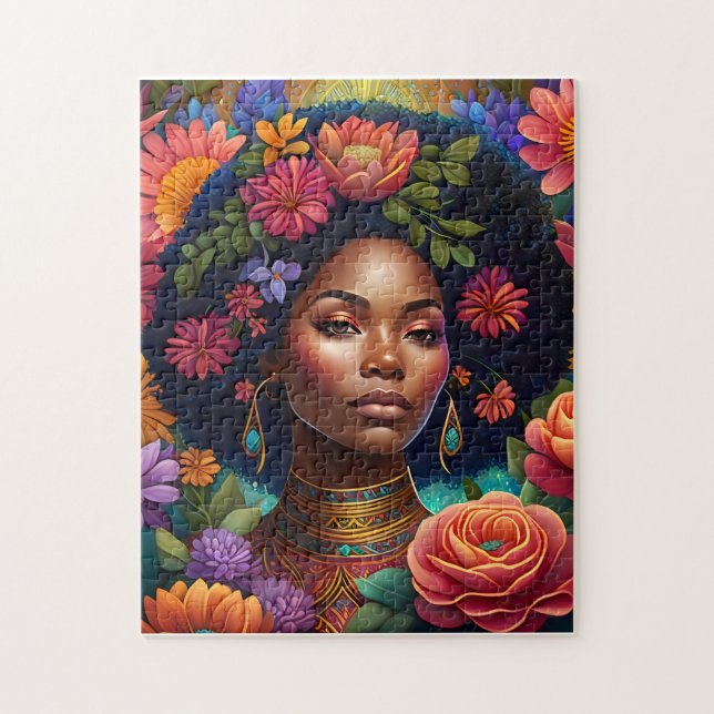 Puzzle Belle femme noire entourée de fleurs (Vertical)