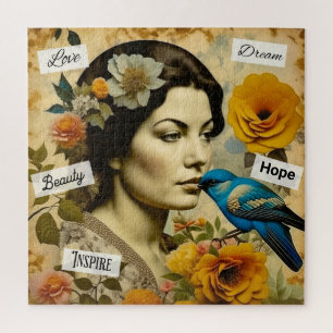 Puzzle Belle femme vintage avec oiseau bleu 