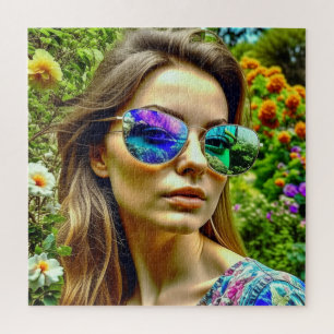 Puzzle Belle Fille avec Reflet de Lunettes de Soleil Fleu