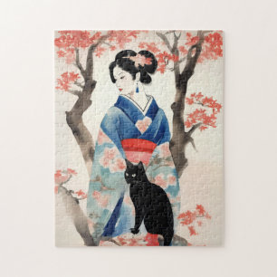 Puzzle Belle fille japonaise avec un chat noir