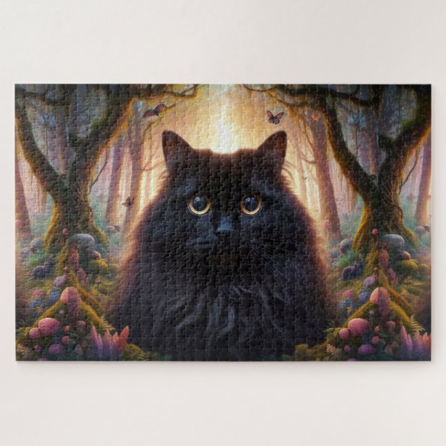 Puzzle Belle Fluffy Chat Noir avec yeux or (Horizontal)