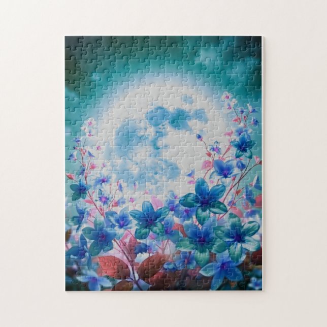 Puzzle Belle Lune Bleue avec Fleurs (Vertical)