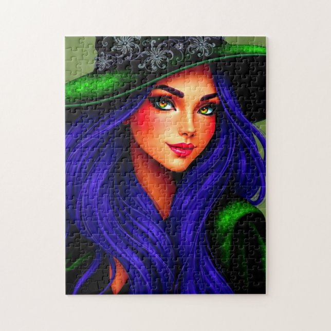 Puzzle Belle sorcière d'Halloween à Haired Bleu (Vertical)