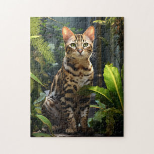 Puzzle Bengale Chat avec feuillage vert.