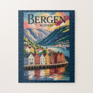 Puzzle Bergen Norvège Illustration Art de Voyage Vintage