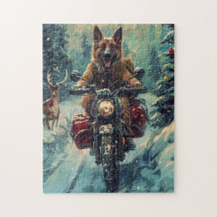Puzzle Berger belge Chien à cheval Moto Noël