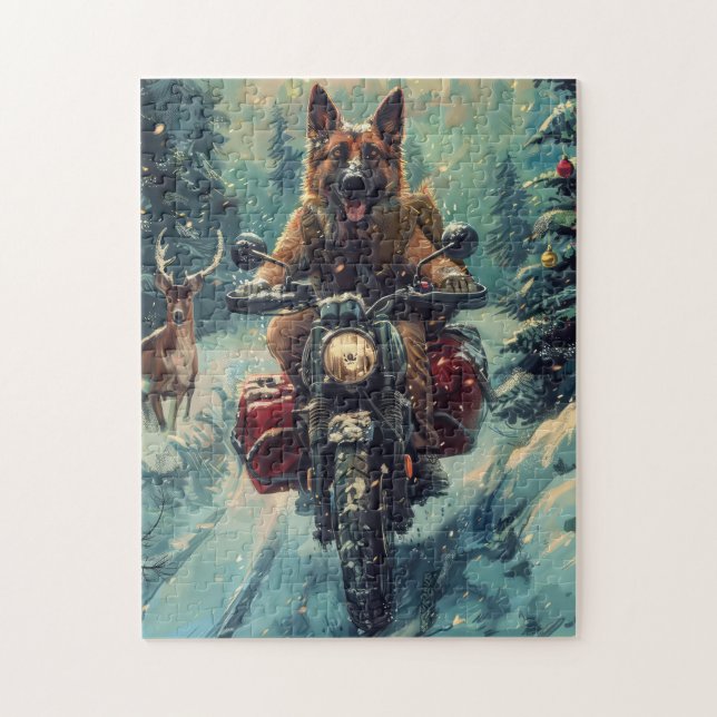 Puzzle Berger belge Chien à cheval Moto Noël (Vertical)