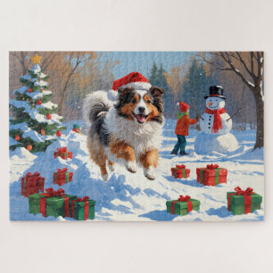 Puzzle Berger des Shetland courant dans la neige avec un 