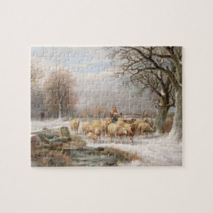 Puzzle Bergère avec son troupeau dans un paysage d'hiver