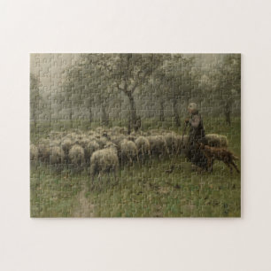 Puzzle Bergère avec un troupeau des moutons, mauve